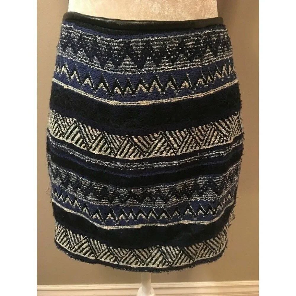 Zara Womens Blue Black White Geometric Knit Mini Skirt Xs
